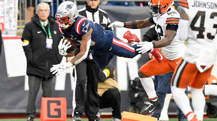 Nov 14, 2021; Foxborough, Massachusetts, USA; New England Patriots wide receiver Jakobi Meyers (16) dives for a touchdown against the Cleveland Browns during the second half at Gillette Stadium.